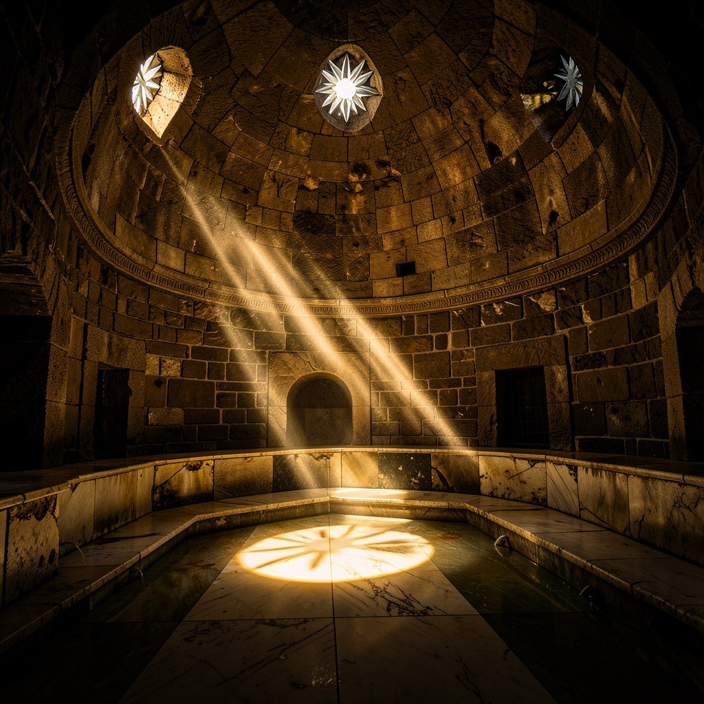 Işık hüzmeli tarihi hamam kubbesi